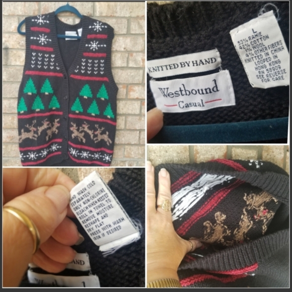 Westbound Christmas Tree Holiday BLACK Sweater Vest (size LARGE) Hand Knitted - Picture 6 of 7